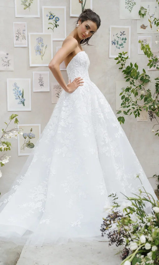 Strapless fit to flare beaded lace gown
