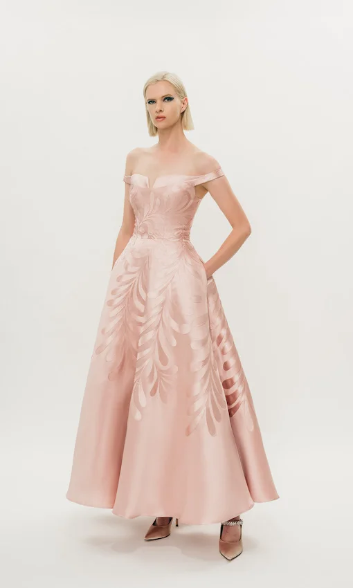 Strapless fit to flare beaded lace gown