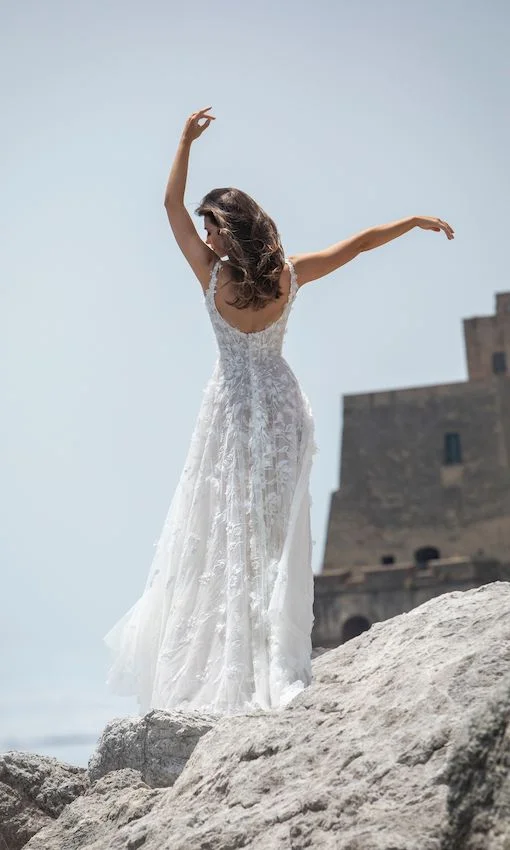 Strapless fit to flare beaded lace gown